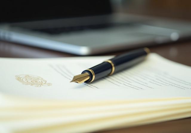 Lawyer reviewing meticulous legal documents with a quill pen beside a laptop